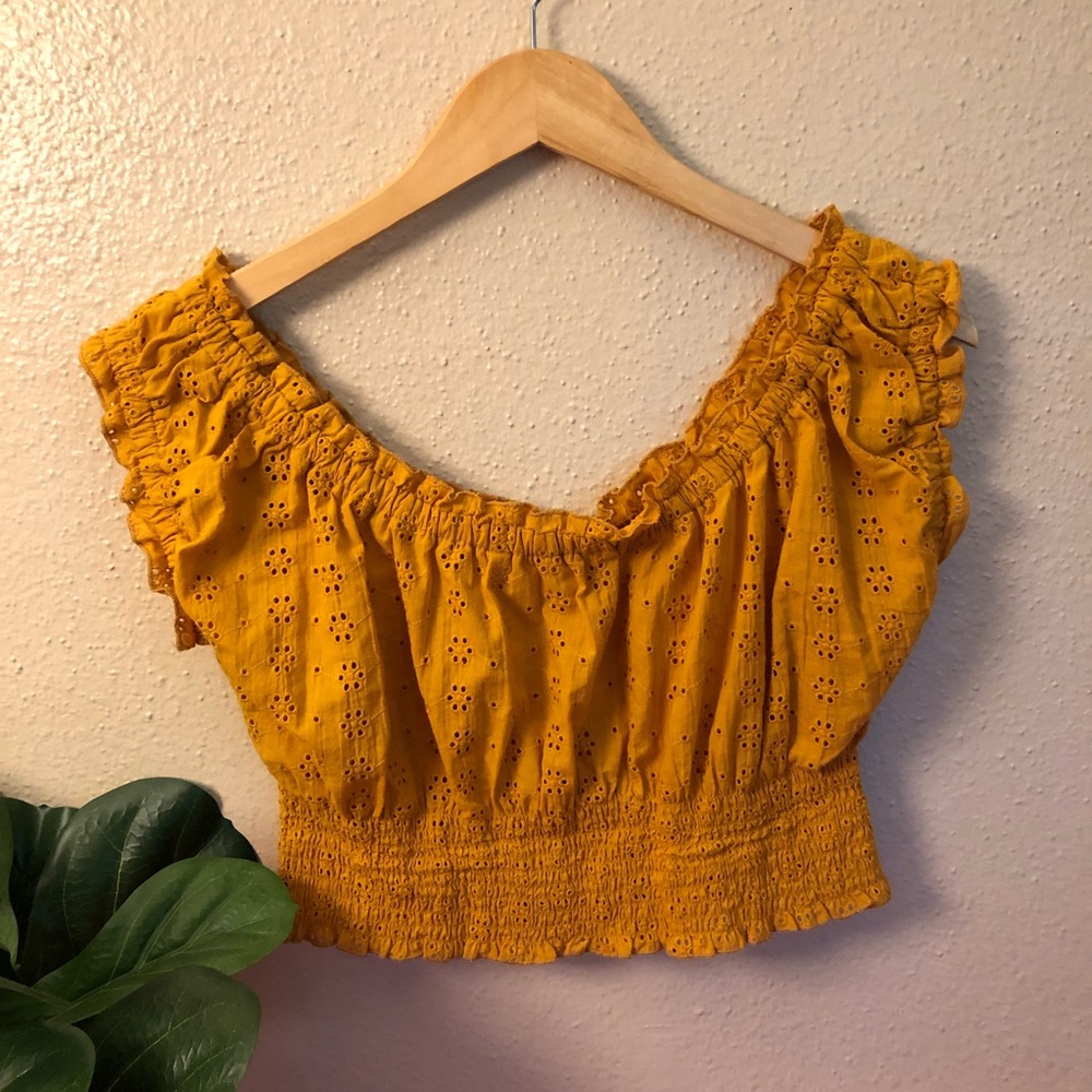 Yellow Eyelet Smocked Off the Shoulder Crop-Top
